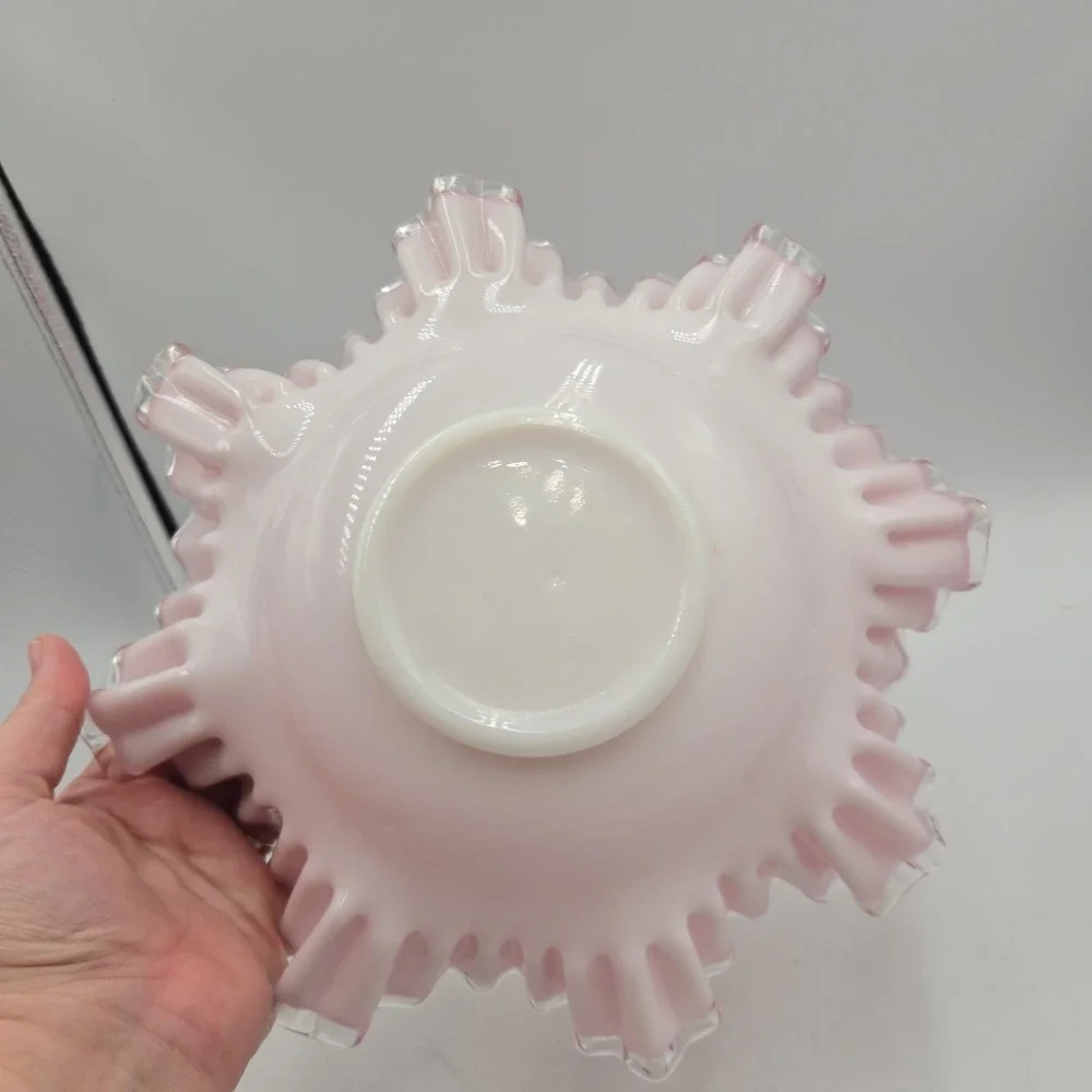 VTG Fenton Peach Crest Pink Cased Milk Glass Ruffled Brides Bowl Clear Edge A+
